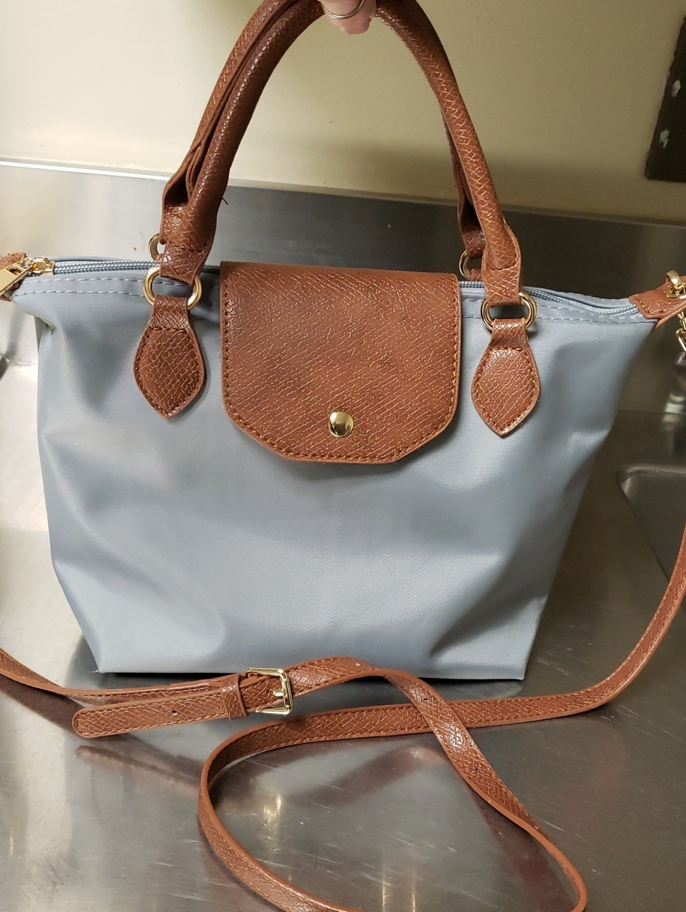 Classic Two-Tone Women’s Nylon Tote Bag in Light Blue Gray and Brown